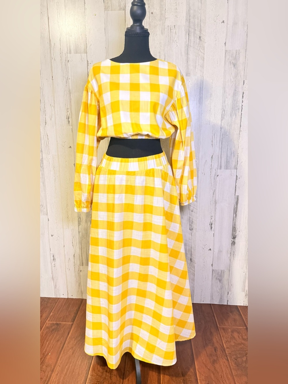 NWT SugarlipsYellow White Gingham Buffalo Plaid Crop Top & Maxi Skirt Set Size S - Picture 3 of 12